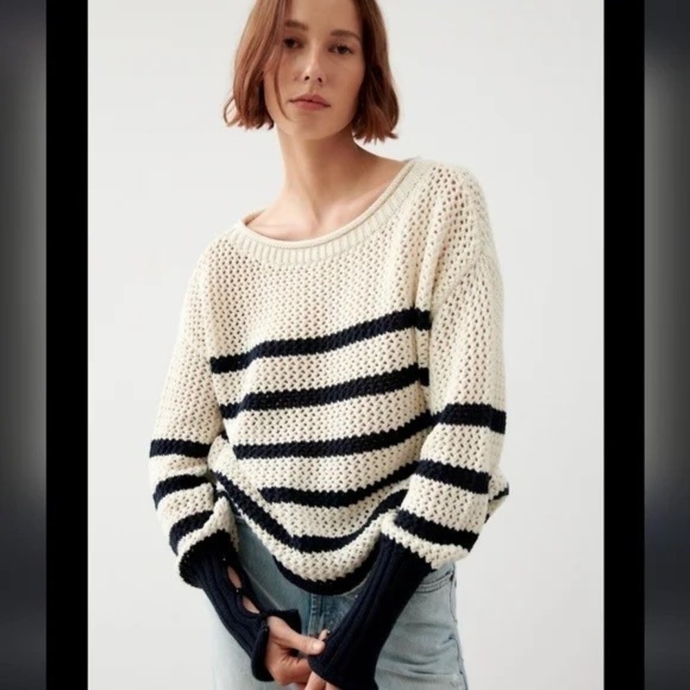 Zara Striped Knit Roll Neck Sweater Womens Large Cream Navy Blue Nautical Button